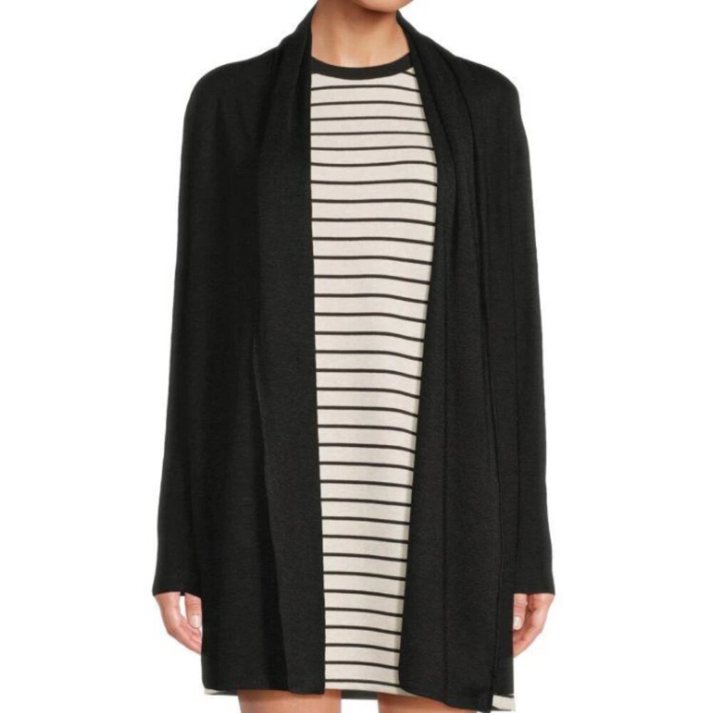 Theory Linen Blend Open Front Slub Knit Shawl Collar Cardigan in Black